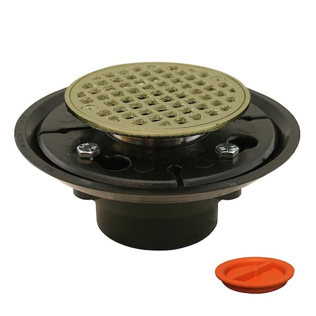 Jones Stephens 2inX3in ABS Shower Drain with 2in Brass Spud and 4in Round Polished Brass Strainer with Test Plug D50402TP